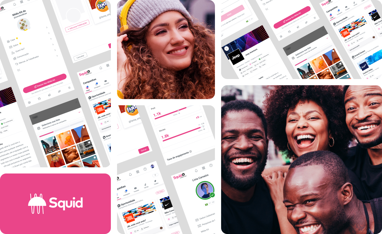Squid case collage with product screens and brand visuals